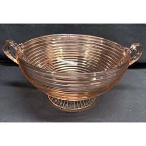Anchor Hocking 1930s Pink Manhattan Depression glass pedestal bowl with handles